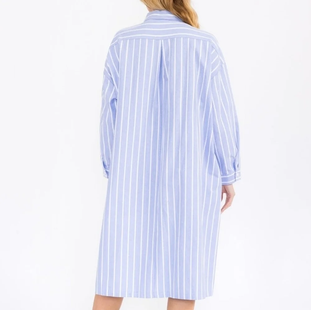 Million‎ Colors Blue Striped Midi Shirt Dress Long Sleeve Linen Cotton